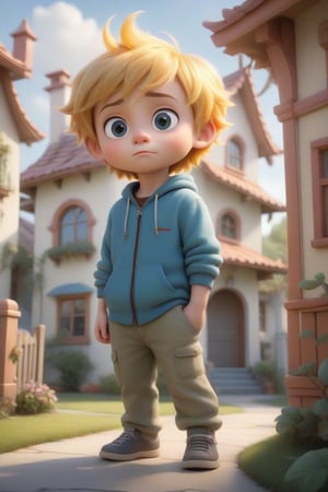 Here is a 4D photographic image prompt:

A surreal, photorealistic concept art piece featuring a full-body shot of a cute little chibi boy with vibrant gold hair, standing in front of a whimsical Dream House inspired by Disney-Pixar style. Soft, natural light wraps around the subject, creating a voluminous effect against a pure white UHD background. The boy's bright eyes and adorable expression are framed by a soft focus blur, inviting the viewer to step into his fantastical world.,cartoon