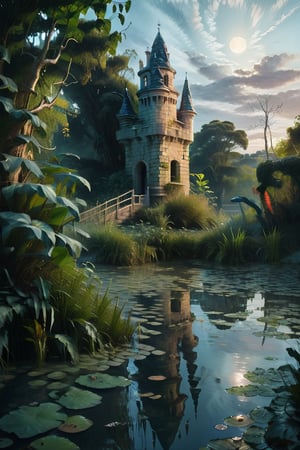 A moonlit pond mirrors the grandeur of a small French castle tower standing sentinel amidst lush greenery in an ancient garden. Leaves shimmer with dew-kissed detail as Claude Lorrain and Jean-Honore Fragonard's masterful brushstrokes weave a romantic landscape. A mystical island floats serenely on the water's surface, surrounded by a border of crescent-shaped birch leaves (Brccl) under a haunting Halloween sky, where shadows dance with an ethereal surreal atmosphere.