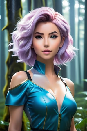 In a futuristic forested landscape, Belle Delphine stands tall and proud, her Vegeta-inspired hair flowing like silk in the gentle rain. Her muscular physique is reminiscent of Lara Croft, with a kickboxer's toned arms and a fierce determination etched on her face. The lighting is dim, with only the soft glow of the forest illuminating her features. She stands confidently, feet shoulder-width apart, radiating an aura of invincibility. The background is shrouded in mist, with the foretold sky looming above, its secrets unknown. Her French bob haircut frames her strong jawline, and her anatomy skills are on full display as she exudes confidence and power