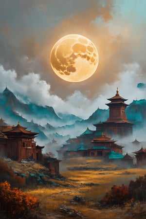 "A surreal, futuristic landscape at dusk with a massive, luminous golden moon dominating the sky, casting a warm glow over everything. The moon should be sharp, detailed, and prominent in the foreground. The background should transition into an abstract, painterly environment featuring indistinct forms and shapes suggesting a Tibetan monastery, rendered in a loose, impressionistic style to emphasize mood and atmosphere over detailed realism. The atmosphere should be hazy and diffuse, with the haze or fog being whiter, creating an ethereal and somewhat dystopian feel. Use balanced colors primarily from a palette of grays, blues, and greens to create depth and atmosphere, while incorporating rust-orange, rust-red, rust-brown, rust-yellow, rust-gold, rust-gray, rust-beige, rust-copper, rust-tan, burnt sienna, raw umber, burnt umber, and yellow ochre for accents. These earthy tones should depict worn, weathered, and aged appearances. Incorporate small, distinct accents of rusty orange-yellows and rusty teals to highlight specific areas and enhance visual interest. Ensure the painting blends impressionism and abstraction seamlessly, creating a rich, immersive setting. Utilize Unreal Engine, Octane Render, Hyper Realistic, Cinematic, Epic, and Matte Painting techniques to achieve a high-quality, detailed, and visually striking result."