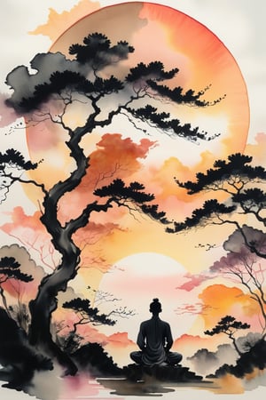 ink human,Meditationist man, sunset, muted colors, huge tress, on sky, cloudy,sun, negative space, chinese ink drawing,SDXL