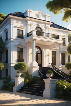 RAW photo, masterpiece, arafed house , neo - classical style, rendered in lumion pro, classicism style, classicism artstyle, lumion render, rendered in lumion, architectural visualization, neoclassical style, in style of classicism, white light sun, rendered in vray, rendered in v-ray, rendered in unreal engine 3d, (photorealistic:1.2), best quality, ultra high res, exterior, architechture,modern house,(white wall:1.5), (detail gate black:1.4), (photorealistic:1.5), best quality, ultra high res, exterior,architechture,neoclassic house,(white wall:1.2), (detailed reliefs:1.2), (The front 1st floor has 4 windows), (the right side 1st floor has 4 windows), (the main side has three-step stairs), (the right side has three-step stairs) ,glass windows,,trees,traffic road, blue sky,in the style of realistic hyper-detailed rendering, luxury neoclassical villa, in the style of neoclassical scene, glass windows, (white navy roof:1.2), best quality, (straight strokedetail:1.1) roof top, (Intricate lines:1.5), ((Photorealism:1.5)),(((hyper detail:1.5))), archdaily, award winning design, (dynamic light:1.3), (night light:1.2), (perfect light:1.3), (shimering light :1.4), refection glass windows, (curved line architecture arch:1.2), trees, beautiful sky, photorealistic, FKAA, TXAA, RTX, SSAO, Post Processing, Post-Production, CGI, VFX, SFX, Full color,((Unreal Engine 5)), Canon EOS R5 Camera + Lens RF 45MP full-frame CMOS sensor, HDR, Realistic,8k,((Unreal Engine 5)), Cinematic intricate detail, extreme detail, science, hyper-detail, FKAA, super detail, super realistic, crazy detail, intricate detail, nice color grading, reflected light on glass, eye-catching wall lights, unreal engine 5, octane render, cinematic, trending on artstation, High-fidelity, Viwvid, Crisp, Sharp, Bright, Stunning, ((Lifelike)), Natural, ((Eye-catching)), Illuminating, Flawless, High-quality,Sharp edge rendering, medium soft lighting, photographic render, detailed archviz,SDXL,House