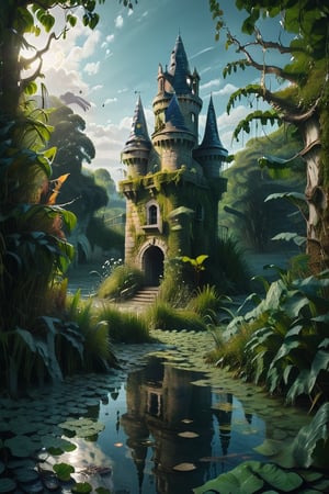 A moonlit pond mirrors the grandeur of a small French castle tower standing sentinel amidst lush greenery in an ancient garden. Leaves shimmer with dew-kissed detail as Claude Lorrain and Jean-Honore Fragonard's masterful brushstrokes weave a romantic landscape. A mystical island floats serenely on the water's surface, surrounded by a border of crescent-shaped birch leaves (Brccl) under a haunting Halloween sky, where shadows dance with an ethereal surreal atmosphere.