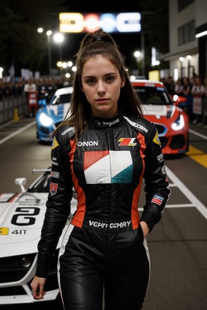 photo, Sportscar, woman, racing flag, harsh camera flash,1gril,1girl