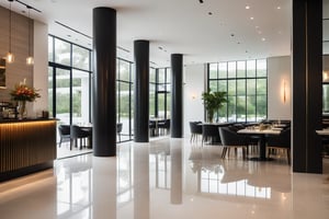 Raw photo of a masterpiece quality indoor scene: an interior of a modern restaurant's cozy living room area. Natural daylight pours in through the large glass door, highlighting the sleek white walls and polished tiling floor. A striking column is cleverly disguised behind a mirrored surface, adding a touch of luxury to the space. The camera captures every super detailed aspect with precision, as if straight from a high-quality film.,jkbridge