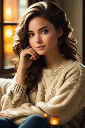 A serene portrait of a beautiful young woman. She sits cozily, wearing a soft knit sweater, her hand resting gently on her cheek as she directs a direct gaze at the viewer. Soft natural lighting casts a warm glow on her features, complementing the comforting indoor setting and relaxed atmosphere. Her slight smile adds to the peaceful ambiance, while high detail skin texture and realistic hair strands create a photorealistic image of utmost quality, rendered in stunning 8K resolution.