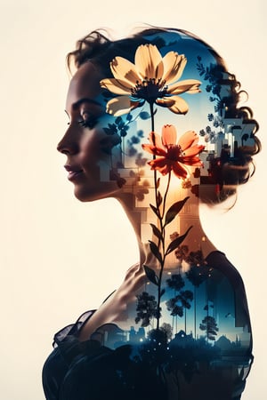 silhouette of a woman in profile. Inside the silhouette you can see the double exposure with a flower, masterpiece, ((double exposure)), proportional.,DOUBLE EXPOSURE,SDXL