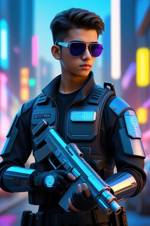 score_9,score_8_up,score_7_up,realistic photo,photorealistic,hyperrealistic,intricate details,1boy,25 years old,policeman,cyber sunglasses,dressed in cyber armor with a holographic outline,an intricate device in his hand,a laser pistol on his belt,cityscape,neon lights,cyberpunk,2077_Style,LoRA