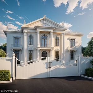 RAW photo, masterpiece, 10 floors  house with a car parked in front of it, neo - classical style, rendered in lumion pro, classicism style, classicism artstyle, lumion render, rendered in lumion, architectural visualization, neoclassical style, in style of classicism, white light sun, rendered in vray, rendered in v-ray, rendered in unreal engine 3d, (photorealistic:1.2), best quality, ultra high res, exterior, architechture,modern house,(white wall:1.5), (detail gate black:1.4), (photorealistic:1.5), best quality, ultra high res, exterior,architechture,neoclassic house,(white wall:1.2), (detailed reliefs:1.2), (The front 1st floor has 4 windows), (the right side 1st floor has 4 windows), (the main side has three-step stairs), (the right side has three-step stairs) ,glass windows,,trees,traffic road, blue sky,in the style of realistic hyper-detailed rendering, luxury neoclassical villa, in the style of neoclassical scene, glass windows, (white navy roof:1.2), best quality, (straight strokedetail:1.1) roof top, (Intricate lines:1.5), ((Photorealism:1.5)),(((hyper detail:1.5))), archdaily, award winning design, (dynamic light:1.3), (night light:1.2), (perfect light:1.3), (shimering light :1.4), refection glass windows, (curved line architecture arch:1.2), trees, beautiful sky, photorealistic, FKAA, TXAA, RTX, SSAO, Post Processing, Post-Production, CGI, VFX, SFX, Full color,((Unreal Engine 5)), Canon EOS R5 Camera + Lens RF 45MP full-frame CMOS sensor, HDR, Realistic,8k,((Unreal Engine 5)), Cinematic intricate detail, extreme detail, science, hyper-detail, FKAA, super detail, super realistic, crazy detail, intricate detail, nice color grading, reflected light on glass, eye-catching wall lights, unreal engine 5, octane render, cinematic, trending on artstation, High-fidelity, Viwvid, Crisp, Sharp, Bright, Stunning, ((Lifelike)), Natural, ((Eye-catching)), Illuminating, Flawless, High-quality,Sharp edge rendering, medium soft lighting, photographic render, detailed archviz