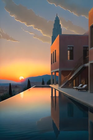 "Create a minimalist image emphasizing the vastness of Paul Chadeisson's designs and the style of René Magritte.", "The scene is set at sunset, with warm, golden hues casting a gentle glow over the architecture, enhancing the tranquil and refined atmosphere. Depict a vast, expansive space scene with breathtaking scale against a grand, immersive outer space background. Feature a massive structure that features simplified forms and geometric shapes, emphasizing clean lines and smooth surfaces. A restrained color palette with neutral tones and minimal accents creates a cohesive and sophisticated look. Unnecessary embellishments are removed, focusing on functionality and clarity. Increased negative space provides a sense of airiness and lightness. High-quality, natural materials with simple finishes add elegance. Proportion and balance ensure harmony, while subtle textures and details add depth without overwhelming the design's simplicity."