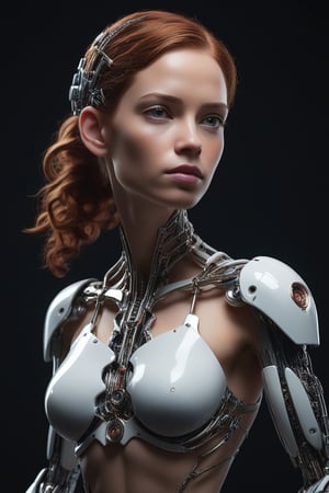 A stunning cyborg stands confidently against a sleek, black background, surrounded by subtle, gradient lighting that accentuates her intricate, mechanical features. Her porcelain-like skin glistens with a fine sheen of oil, highlighting the precision engineering of her synthetic limbs. A masterpiece of high-quality artistry, this studio photo captures the intersection of beauty and power in a cyborg of unparalleled sophistication.,Cartoon