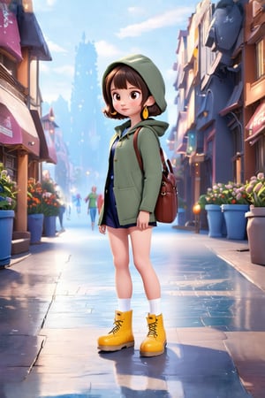 1girl, solo, looking at viewer, short hair, bangs, brown hair, long sleeves, brown eyes, jewelry, closed mouth, standing, full body, earrings, shoes, socks, hood, bag, black eyes, white socks, child, hood up, yellow footwear, raincoat,pixar style,Enhance