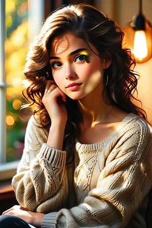 A serene portrait of a beautiful young woman. She sits cozily, wearing a soft knit sweater, her hand resting gently on her cheek as she directs a direct gaze at the viewer. Soft natural lighting casts a warm glow on her features, complementing the comforting indoor setting and relaxed atmosphere. Her slight smile adds to the peaceful ambiance, while high detail skin texture and realistic hair strands create a photorealistic image of utmost quality, rendered in stunning 8K resolution.