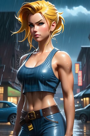 Full body of a woman a woman standing in the rain, muscular sweat lara croft, like artgerm, with hair on her head of vegeta, viking, inspired by Greg Hildebrandt, kickboxer fighter, on the cover of Fallout, beautiful woman, belle delphine, concept image, xqc, orianna, inspired by john avon, flying silk, standing and invincible, high damage, french bob, anatomy skills, in the near future, in the foretold sky, discord profile picture, female and muscular, anime aesthetic, app icon quotes, hyperrealistic teenager, inspired by David Park, by Gu Hongzhong.,SDXL