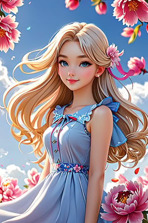 (masterpiece, high quality, high resolution, illustration), blurred background, [(white background:1.2)::5], cowboy photo, spring \(season\), (no light: 1.1), (temptation: 1.2 ), elegance, (1 girl), long straight blonde hair, small smile, floating hair, ahoge, deep sky, star \(sky\), (summer dress (Floral:1.2):1.1), outline, (transparent : 0.85), bright low pigtails (polychromatic peony: 1.15), movie poster (colorful: 1.1), ornament, petals (pantyhose: 1.1), ribbon,1girl silver hair blue dress,Beauty