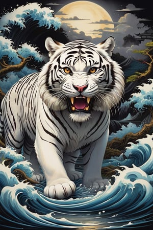 A beautifully drawn (((vintage t-shirt print))), featuring intricate ((retro-inspired typography)) encircling a (((sumi-e ink illustration))) white tiger, integrating elements of Japanese calligraphy and beast fighting with black back ground
