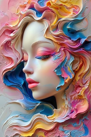 A side profile of a human face, intricately intertwined with flowing, abstract patterns in vibrant hues of blue, pink, yellow, and white. The face appears to be melting or morphing into the surrounding colors, creating an ethereal and dreamlike effect. The details of the face, such as the eyes, nose, and lips, are clearly visible, contrasting with the fluidity of the surrounding elements.,SDXL,SDXLTurbo,1girl