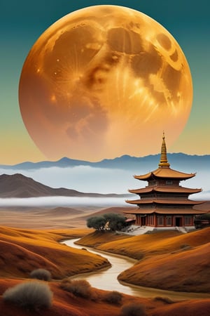 "A surreal, futuristic landscape at dusk with a massive, luminous golden moon dominating the sky, casting a warm glow over everything. The moon should be sharp, detailed, and prominent in the foreground. The background should transition into an abstract, painterly environment featuring indistinct forms and shapes suggesting a Tibetan monastery, rendered in a loose, impressionistic style to emphasize mood and atmosphere over detailed realism. The atmosphere should be hazy and diffuse, with the haze or fog being whiter, creating an ethereal and somewhat dystopian feel. Use balanced colors primarily from a palette of grays, blues, and greens to create depth and atmosphere, while incorporating rust-orange, rust-red, rust-brown, rust-yellow, rust-gold, rust-gray, rust-beige, rust-copper, rust-tan, burnt sienna, raw umber, burnt umber, and yellow ochre for accents. These earthy tones should depict worn, weathered, and aged appearances. Incorporate small, distinct accents of rusty orange-yellows and rusty teals to highlight specific areas and enhance visual interest. Ensure the painting blends impressionism and abstraction seamlessly, creating a rich, immersive setting. Utilize Unreal Engine, Octane Render, Hyper Realistic, Cinematic, Epic, and Matte Painting techniques to achieve a high-quality, detailed, and visually striking result."