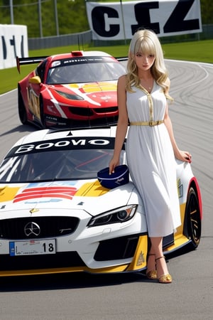 photo, Sportscar, woman, racing flag, harsh camera flash,1gril, dress white clothes, gold hair, 22 age
