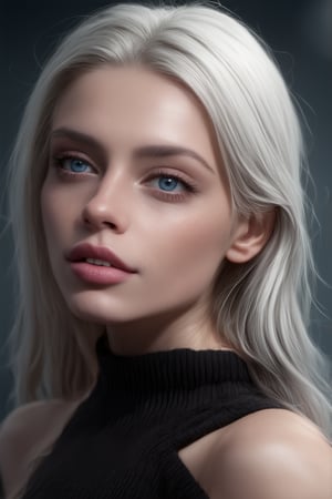 beautiful woman looking at viewer, (best quality, 4K, 8K, high-resolution), ultra-detailed, best detailed, details, skin detailed, photorealism, photorealistic, RAW photo, intricate, elegant, highly detailed, insane details, intricate details, hyper detailed, upper body, medium shot, wearing black off shoulder sweater, long messy white hair, lips, nose, attractive, (freckles:0.7), (blue eyes:1.2), aesthetic jawline, sharp chin, soft cinematic lighting, under the moon, outdoors, dark fantasy, photogenicLDG