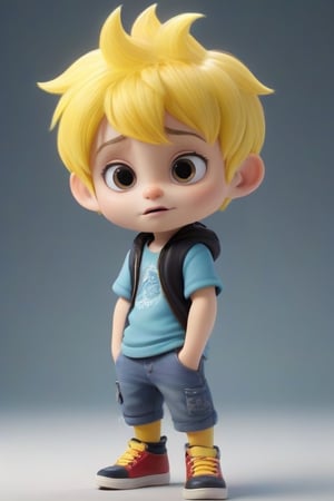 4d photographic image of full body image of a cute little chibi boy surreal, yellow hair, vivid colours octane render trending on artstation, artistic photography, photorealistic concept art, soft natural volumetric cinematic perfect light, UHD white background, Dream House, Disney style, Disney Pixar style,score_9,modern Disney