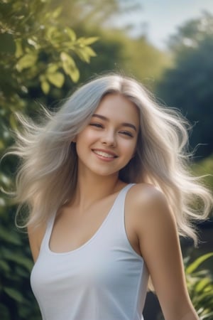 Beautiful long golded-haired young woman wearing a white t-shirt, analog photograph, professional fashion photoshoot, hyperrealistic, masterpiece, trending on artstation, smiling, live style, sexy pose,  in the garden, sunny day, windy,photorealistic,Sexy Pose,1girl silver hair blue dress