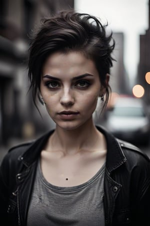 A cinematic still life photograph of a beautiful woman amidst a backdrop of gritty urban chaos. The image is captured on 35mm film, with a shallow depth of field that softly focuses on her face while the bokeh-rich background dissolves into a hazy blur. Vignette-like, the frame is cropped to emphasize her moody expression, set against a cityscape rendered in high-contrast black and white. The overall aesthetic exudes a high-end Hollywood movie vibe, with textured film grain adding to the gritty, distressed atmosphere. The woman's punk rock-inspired style and the dirty, grimy surroundings evoke a sense of raw rebellion.,<lora:659095807385103906:1.0>