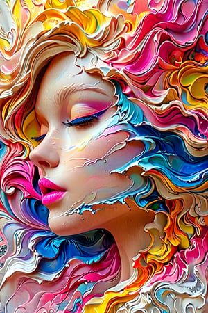 In a surreal dreamscape, a girl's side profile emerges from swirling vortex of colors: electric blue, hot pink, sunshine yellow, and creamy white. Her features - eyes, nose, lips - stand out amidst the fluid, abstract patterns that seem to melt into her skin. The vibrant hues dance around her face like wispy clouds, imbuing the scene with an otherworldly essence.