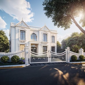 RAW photo, masterpiece, 10 floors  house with a car parked in front of it, neo - classical style, rendered in lumion pro, classicism style, classicism artstyle, lumion render, rendered in lumion, architectural visualization, neoclassical style, in style of classicism, white light sun, rendered in vray, rendered in v-ray, rendered in unreal engine 3d, (photorealistic:1.2), best quality, ultra high res, exterior, architechture,modern house,(white wall:1.5), (detail gate black:1.4), (photorealistic:1.5), best quality, ultra high res, exterior,architechture,neoclassic house,(white wall:1.2), (detailed reliefs:1.2), (The front 1st floor has 4 windows), (the right side 1st floor has 4 windows), (the main side has three-step stairs), (the right side has three-step stairs) ,glass windows,,trees,traffic road, blue sky,in the style of realistic hyper-detailed rendering, luxury neoclassical villa, in the style of neoclassical scene, glass windows, (white navy roof:1.2), best quality, (straight strokedetail:1.1) roof top, (Intricate lines:1.5), ((Photorealism:1.5)),(((hyper detail:1.5))), archdaily, award winning design, (dynamic light:1.3), (night light:1.2), (perfect light:1.3), (shimering light :1.4), refection glass windows, (curved line architecture arch:1.2), trees, beautiful sky, photorealistic, FKAA, TXAA, RTX, SSAO, Post Processing, Post-Production, CGI, VFX, SFX, Full color,((Unreal Engine 5)), Canon EOS R5 Camera + Lens RF 45MP full-frame CMOS sensor, HDR, Realistic,8k,((Unreal Engine 5)), Cinematic intricate detail, extreme detail, science, hyper-detail, FKAA, super detail, super realistic, crazy detail, intricate detail, nice color grading, reflected light on glass, eye-catching wall lights, unreal engine 5, octane render, cinematic, trending on artstation, High-fidelity, Viwvid, Crisp, Sharp, Bright, Stunning, ((Lifelike)), Natural, ((Eye-catching)), Illuminating, Flawless, High-quality,Sharp edge rendering, medium soft lighting, photographic render, detailed archviz