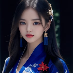 1girl, solo, long hair, looking at viewer, sapphire eyes, black hair, hair accessory, , cleavage, jewelry, medium breasts, collarbone, upper body, earrings, outdoors, transparent blue and white porcelain color dress, blurred, lips, belt, window , background materialization, transparent blue and white porcelain color Hanfu, plants, tassels, red lips, WeChat, no teeth