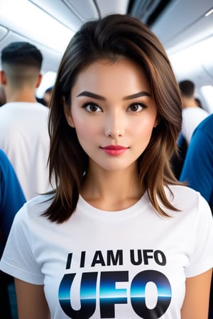 a 18 girl , has ( text " I am UFO") printed on her white t-shirt .