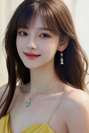 Camera Positions,Beautiful and delicate light, (beautiful and delicate eyes), very detailed, pale skin, big smile, (long hair), dreamy, big soft  chest, female 1, ((front shot)), bangs, soft expression, height 170, elegant, Bright smile, 8k art photo, realistic concept art, realistic, portrait, small necklace, small earrings, fantasy, jewelry, shyness, dreamy soft image, masterpiece, ultra-high definition, yellow dress,Strong Backlit Particles,z1l4,3va