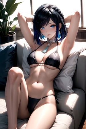 a naked woman in a sexy bikini laying on a sofa with a laptop, 1girl, breasts, jewelry, solo, lying, on back, looking at viewer, stomach, navel, yelan (genshin impact), swimsuit, thighs, bare shoulders, bikini, green eyes, blue hair, parted lips, earrings, arm up, multicolored hair, armpits, short hair, plant, large breasts, bracelet, bare legs, knee up, black hair, wooden floor, arm behind head, fur trim, bare arms, cup, bangs, black bikini, potted plant, cleavage,yelan,yelandef,big breasts, diagonal bangs