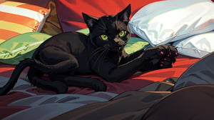 a close-up of a black kitten sleeping on a blanket with pillows, cat, black cat, no human, 1 cat, yellowish-green eyes, white spots on paws