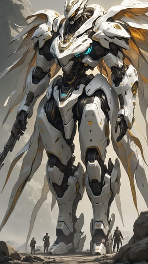 Colossal humanoid robot weapon, organic and exotic design. Predominantly white with gold accents. Flowing, curved armor plates resembling seashells or coral formations. Tall, elegant silhouette with elongated limbs. Golden filigree patterns etched into white surfaces. Multiple arms, some ending in energy weapons, others in delicate manipulators. Head features a crown-like structure with glowing blue sensors. Chest houses a pulsating golden energy core. Legs blend into a hovering base, suggesting levitation. Iridescent membrane-like wings or energy fields extend from back. Scale evident from tiny human figures near feet. Hyper-detailed textures, mix of smooth and intricate surfaces. Soft, ethereal lighting emphasizing curves and gold elements. Misty background suggesting alien world. 8K resolution, photorealistic render with slight concept art stylization.real robot,futurediff