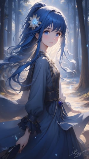 anime, anime style, niji6 style, by nijijourney, anime, anime style, niji6 style, by nijijourney, blue theme, anime, anime style, niji6 style, by nijijourney, 1girl, solo, hair ornament, pony hair, long dress uniform, flower hair ornament, flower, blurry, princess, blurry background, portrait, glow blue eyes, parted lips, from side, blue hair, dress, eyelashes, looking up, upper body, white flower, parted bangs, jacket, depth of field, nature, outdoors, sidelocks, forest, blue eyes, floating hair, expressionless, hair intakes, gradient hair, blue hair, blue eyes, very long hair, multicolored hair, sunlight, animification, anime coloring, fake screenshot, screencap, anime screencap, twilight, detailed eyes, ambient light, thick eyelashes, diamond, dark night, dark deep, sparkling, masterpiece, best quality, highres, 4k, 8k, intricate detail, cinematic lighting, amazing quality, amazing shading, film grain, blurry foreground, vignetting chiaroscuro, chromatic aberration, backlighting, global illumination, drop shadow, detailed illustration, anime style, wallpaper, animification, anime coloring, fake screenshot, screencap, anime screencap,Oil painting style,Anime style,Oil painting style 