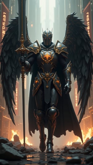 A hyper-realistic image of a tall, sturdy, bulky but sleek holy knight weilding a twohanded great sword raised up with both hands, glowing with royal aura, holy armor is intricately designed. intricately detailed holy wings folded in. running forward as vanguard in front of his royal warrior knights, the ground breaks and bursts at his every step forming an explosive debris of rocks and dirt.,FuturEvoLabScene