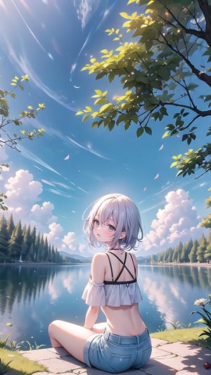 1 girl, alone, short hair, sitting, outdoors, from behind, silver hair, green eyes, shorts, tree, cherry blossoms, by a lake, flowery hills in the background,