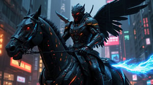 Cyberpunk-style knight on a cyborg horse, digital art. Sleek black cyber-suit with glowing neon blue accents. Imposing black helmet with tinted visor, displaying holographic HUD. Mechanical wings on the back, folded, made of black carbon fiber with exposed circuitry. The cyborg horse is a fusion of organic and mechanical parts, with visible hydraulics and armor plating. Neon lights trace the horse's muscular structure. The knight wields an energy lance, crackling with electricity. Urban night backdrop with towering skyscrapers and flying vehicles. Rain-slicked streets reflect neon signs. Atmosphere is gritty and high-tech. Hyperdetailed textures on the armor and horse's cybernetic parts. Color palette dominated by blacks, silvers, and electric blues. Dynamic pose, suggesting movement and power. Lighting emphasizes the contrast between shadow and neon glow.,Angelic Knight,F-GVA Armour Suit,FuturEvoLabNinja,demonic sword