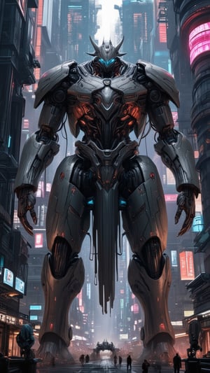 A futuristic cyberpunk warrior robot, massive in size, with a towering presence that dwarfs human figures. The cityscape behind it is a labyrinth of neon-lit skyscrapers and holographic advertisements, with humans scurrying about like ants in comparison. The robot's mechanical limbs and glowing blue optics seem to pierce through the smog-filled air as it stands victorious amidst the urban chaos.,FuturEvoLabNinja,FuturEvoLabMecha,FuturEvoLabGiant