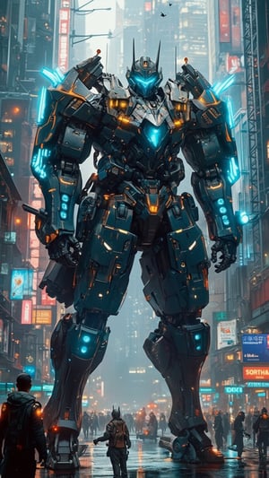 A futuristic cyberpunk warrior robot, massive in size, with a towering presence that dwarfs human figures. The cityscape behind it is a labyrinth of neon-lit skyscrapers and holographic advertisements, with humans scurrying about like ants in comparison. The robot's mechanical limbs and glowing blue optics seem to pierce through the smog-filled air as it stands victorious amidst the urban chaos.,FuturEvoLabNinja,FuturEvoLabMecha