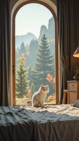 1 cute small White Cat squatting on the bedroom, fantasy scene outside