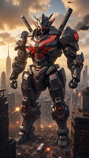 Massive ninja-themed robot in New York City, digital art, 8k resolution. Colossal mecha towering over skyscrapers, design inspired by traditional ninja attire and Japanese flag. Robot's body primarily matte black with red accents. Chest plate features a large, stylized rising sun emblem. Head shaped like a ninja's hood, with glowing red eyes. Shoulder armor resembles overlapping metal plates, mimicking samurai armor. Arms equipped with retractable blade weapons and grappling hooks. Legs designed for agility, with ninja-style tabi boot feet. Smoke bombs and shuriken launchers integrated into the frame. Japanese flag motifs and circuit patterns etched across the body. Robot stands in a dynamic pose amidst New York's iconic skyline. Empire State Building and One World Trade Center visible for scale. Panicked crowds and vehicles in the streets below. NYPD helicopters and news choppers circling. Afternoon sky with dramatic clouds, sun setting behind the robot casting long shadows. Hyper-detailed textures on the robot's surface, showing battle damage and weathering. Photorealistic style with cinematic lighting.,Mecha,real robot