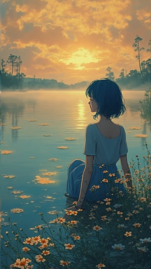 A tranquil lakeside scene at dawn, where a woman with blue hair is sitting by the edge of a calm lake, gazing at her reflection in the water. Delicate flowers float on the surface, and the soft golden light of the sunrise creates a serene glow across the landscape. The woman's peaceful expression is detailed and precise, with sharp lines and intricate features in Akira and Hirō styles, as she is surrounded by the beauty of nature. The reflection in the water adds depth to the scene, while the soft mist rising from the lake enhances the calm atmosphere. The background showcases a vibrant sunrise, blending warm hues with the stillness of the early morning.