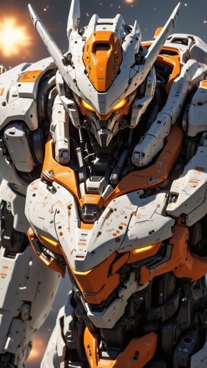 solo, giant robot, mech, mech with orange and white color scheme, looking at viewer, front view, glowing eyes, twin eyes, very cool and epic, armor, no human, robot, mechanical wings, mech, sci-fi, ejecting from catapult, focus lines, motion blur, amazing image, ((masterpiece: 1.4)), epic texture, materlic texture, detailed 3d rendering, helmet, digital art, professional style, detailed image, detailed robot, white mech, gold mark, ((full body:1.4)), movie poster image, space battleship catapult background,--3:4,real robot