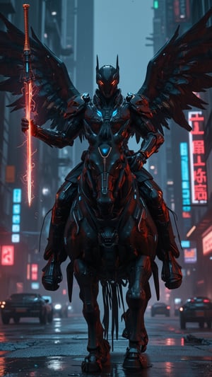 Cyberpunk-style knight on a cyborg horse, digital art. Sleek black cyber-suit with glowing neon blue accents. Imposing black helmet with tinted visor, displaying holographic HUD. Mechanical wings on the back, folded, made of black carbon fiber with exposed circuitry. The cyborg horse is a fusion of organic and mechanical parts, with visible hydraulics and armor plating. Neon lights trace the horse's muscular structure. The knight wields an energy lance, crackling with electricity. Urban night backdrop with towering skyscrapers and flying vehicles. Rain-slicked streets reflect neon signs. Atmosphere is gritty and high-tech. Hyperdetailed textures on the armor and horse's cybernetic parts. Color palette dominated by blacks, silvers, and electric blues. Dynamic pose, suggesting movement and power. Lighting emphasizes the contrast between shadow and neon glow.,Angelic Knight,F-GVA Armour Suit,FuturEvoLabNinja,demonic sword