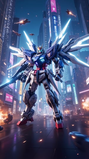 A dynamic close-up shot of a gundam warrior in action, his metallic body glistening under neon lights, clashing with enemies on the busy streets of a futuristic city. Exploding vehicles and fire create a chaotic scene. The backdrop features towering skyscrapers with holographic advertisements and flying vehicles whizzing by. The warrior's pose is aggressive, with his glowing energy weapon activated and wings of light emanating from the backpack on his back. The scene is lit with a combination of artificial and natural lighting, creating dramatic shadows.