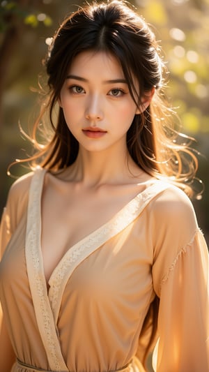 In a soft, golden light, ELINALISE DRAGONROAD poses elegantly in her stunning Chinese TV series costume, inspired by the stills from The Pillow Book. Her long, thick eyelashes frame her bright light blue eyes, shining like diamonds. She looks like an 18-year-old beauty, with an Xinqiang Uighur elegance. In a full-body shot, she effortlessly dances in her flowing attire, her movements as graceful as a gentle breeze. The soft folds of her costume shimmer in the warm glow, as if kissed by the sun. Her expression exudes confidence and poise, reminiscent of Alphonse Mucha's Art Nouveau masterpieces. With a subtle smile, she seems to convey a sense of playfulness, much like Boris Vallejo's iconic illustrations. The overall aesthetic is that of a masterpiece, with every detail carefully crafted to evoke an atmosphere of beauty and wonder.