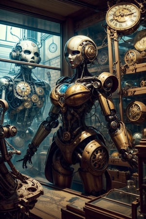 
masterpiece, high resolution, best quality, lighted giant clockwork battle android 2B, silhouette, in glass case, in a darkened museum of science, chaotic store room full of old robots, draped glass cases, Victorian steampunk technology,

