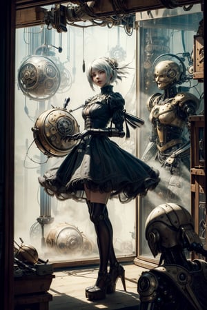 masterpiece, high resolution, best quality, 

lighted giant clockwork NieR Automata Yorha Type 2B ((2B)), , silhouette, 

in glass case, in a darkened museum of science, 

chaotic store room full of old robots, draped glass cases, 
